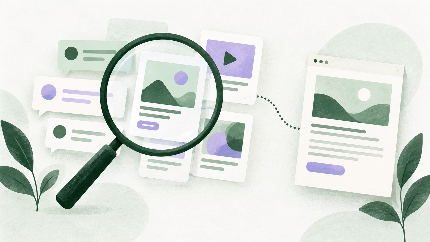 Editorial illustration of a magnifying glass examining conversation, advertising, and landing-page cards